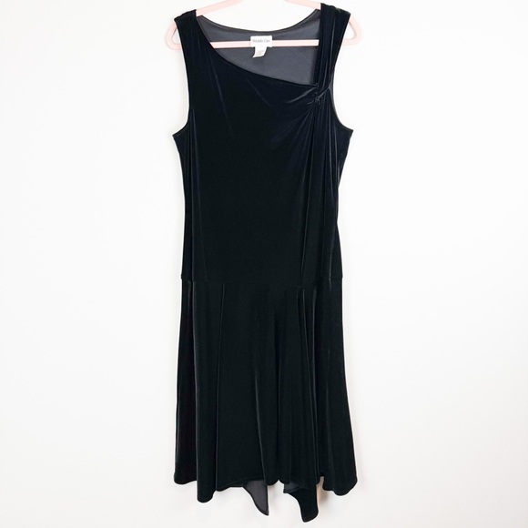 Vintage 80s Amanda Lane Black Velvet Asymmetric Midi Dress Plus Size 16 - Picture 2 of 10